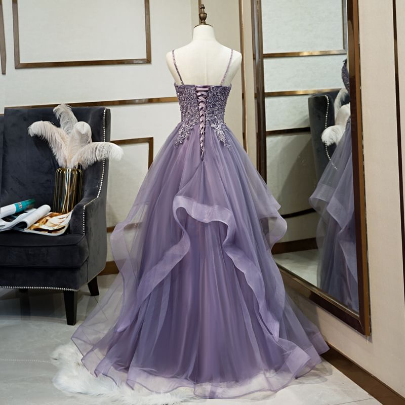 Thin Strap Lace Panel Ruffled A-Line Mesh Evening Gown