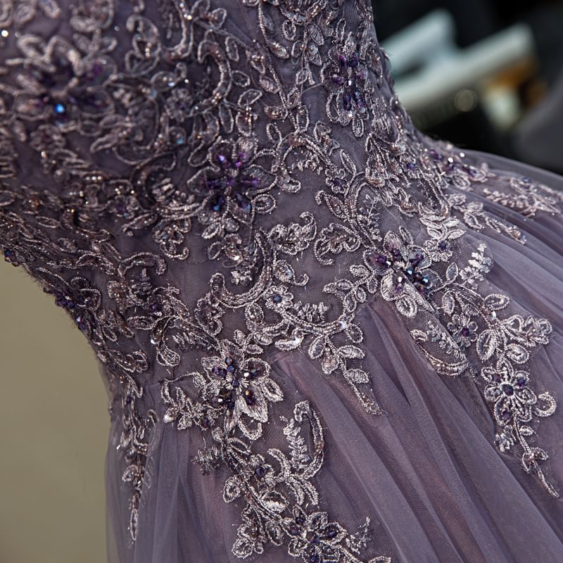 Thin Strap Lace Panel Ruffled A-Line Mesh Evening Gown