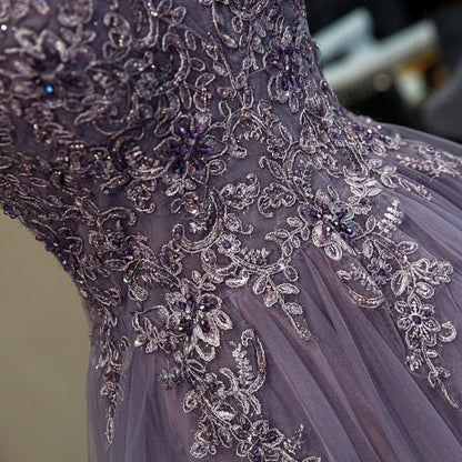 Thin Strap Lace Panel Ruffled A-Line Mesh Evening Gown
