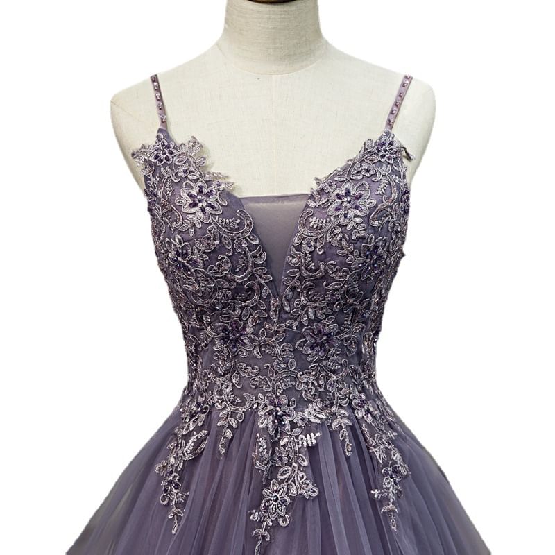 Thin Strap Lace Panel Ruffled A-Line Mesh Evening Gown