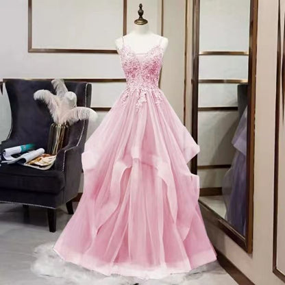 Thin Strap Lace Panel Ruffled A-Line Mesh Evening Gown