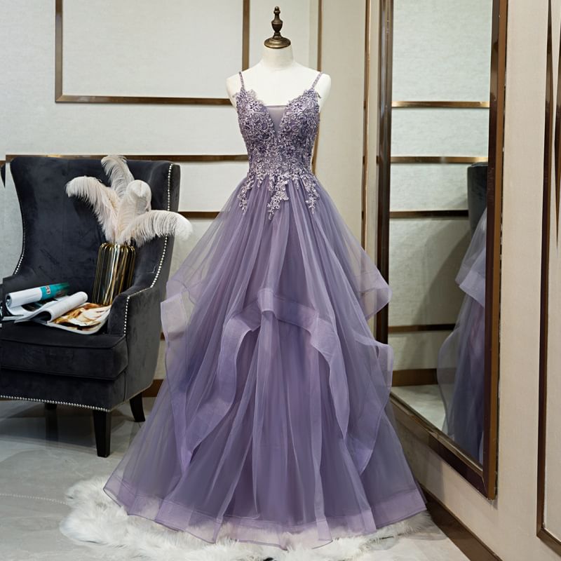 Thin Strap Lace Panel Ruffled A-Line Mesh Evening Gown