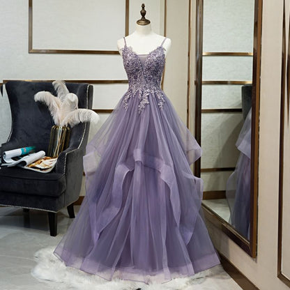 Thin Strap Lace Panel Ruffled A-Line Mesh Evening Gown