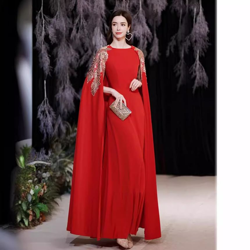 Cape-Sleeve Sequined Printed A-Line Evening Gown