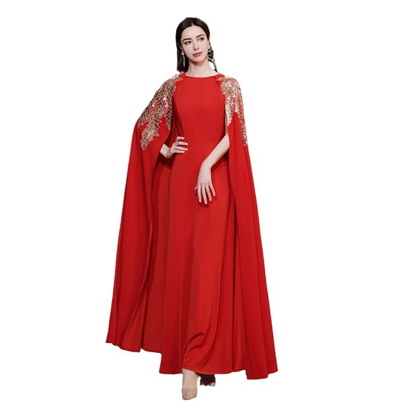 Cape-Sleeve Sequined Printed A-Line Evening Gown