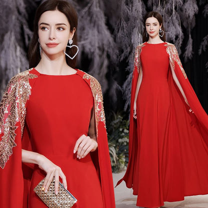 Cape-Sleeve Sequined Printed A-Line Evening Gown