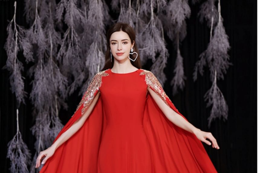 Cape-Sleeve Sequined Printed A-Line Evening Gown