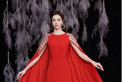 Cape-Sleeve Sequined Printed A-Line Evening Gown