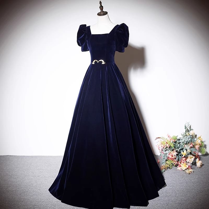 Puff-Sleeve Square-Neck A-Line Velvet Evening Gown
