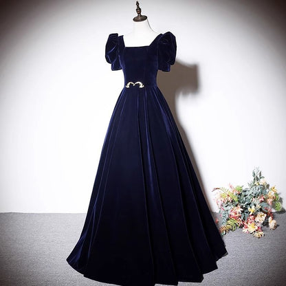 Puff-Sleeve Square-Neck A-Line Velvet Evening Gown