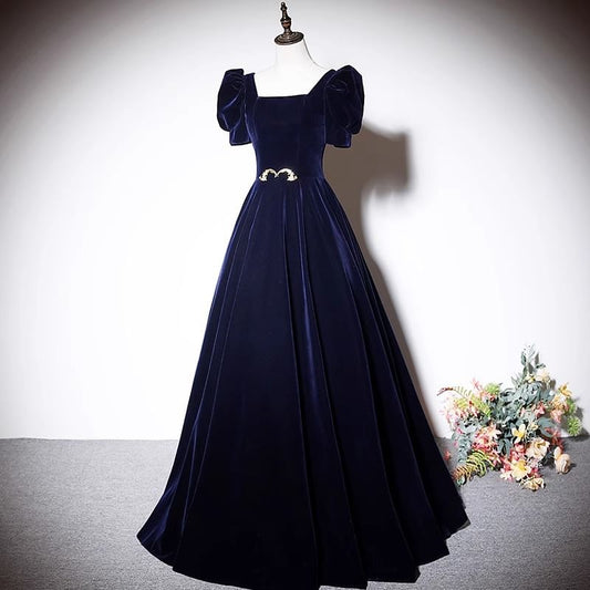 Puff-Sleeve Square-Neck A-Line Velvet Evening Gown