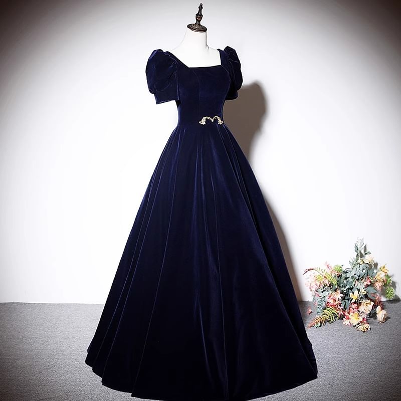 Puff-Sleeve Square-Neck A-Line Velvet Evening Gown