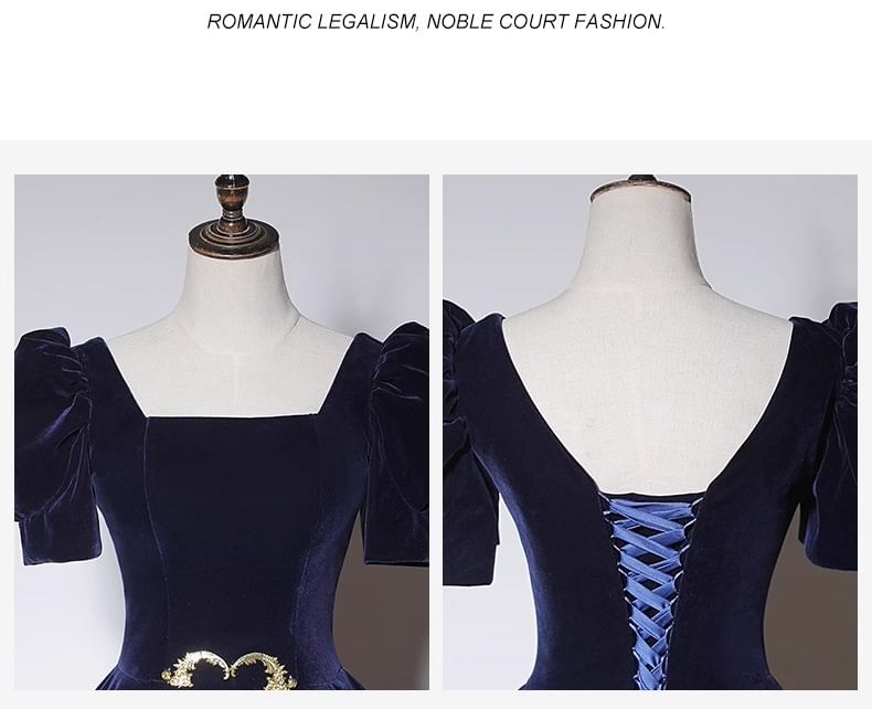Puff-Sleeve Square-Neck A-Line Velvet Evening Gown