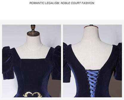 Puff-Sleeve Square-Neck A-Line Velvet Evening Gown