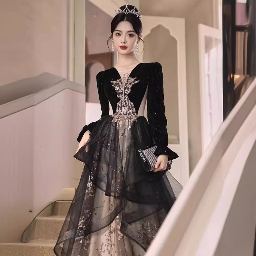 Long-Sleeve Glitter Sequined Floral Ruffle A-Line Evening Gown