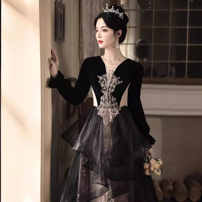 Long-Sleeve Glitter Sequined Floral Ruffle A-Line Evening Gown