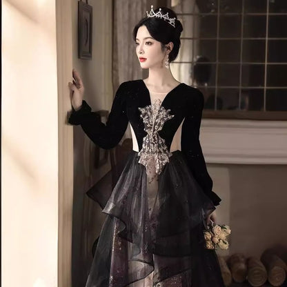 Long-Sleeve Glitter Sequined Floral Ruffle A-Line Evening Gown