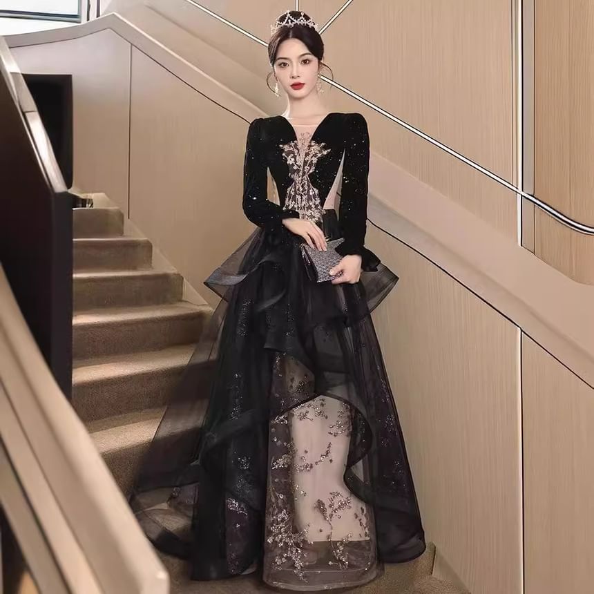 Long-Sleeve Glitter Sequined Floral Ruffle A-Line Evening Gown