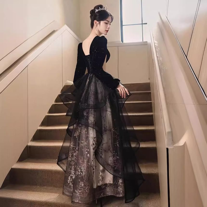 Long-Sleeve Glitter Sequined Floral Ruffle A-Line Evening Gown