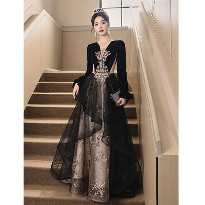 Long-Sleeve Glitter Sequined Floral Ruffle A-Line Evening Gown
