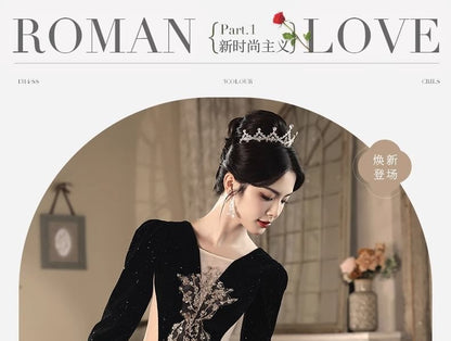 Long-Sleeve Glitter Sequined Floral Ruffle A-Line Evening Gown