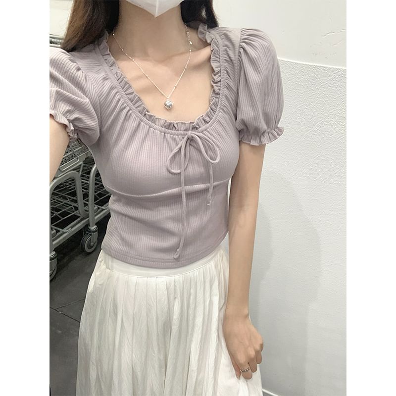 Puff-Sleeve Scoop Neck Plain Bow Tee