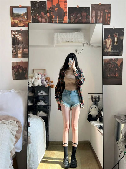 High Waist Fringed Washed Denim Hot Pants