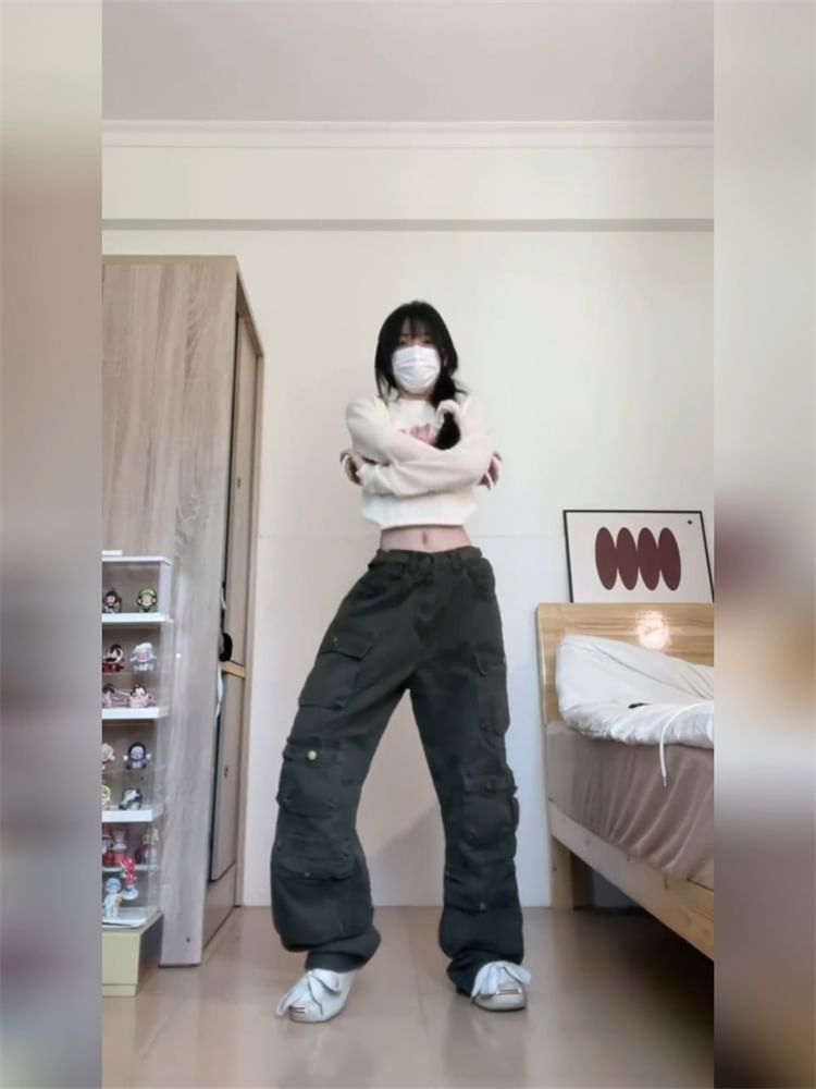 Mid Waist Plain Wide Leg Cargo Pants