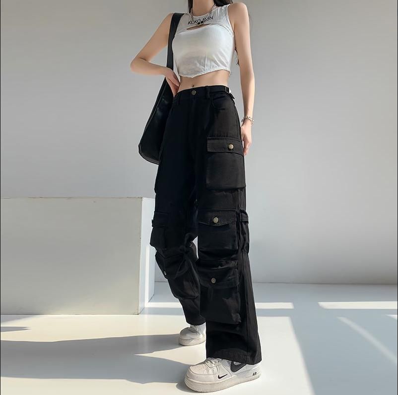 Mid Waist Plain Wide Leg Cargo Pants