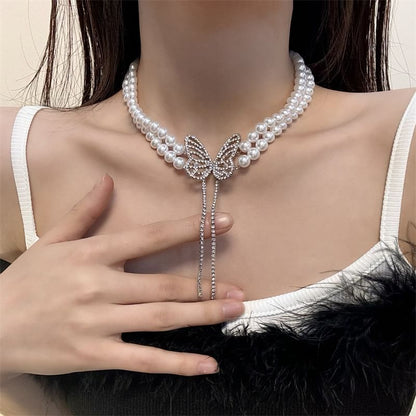 Butterfly Rhinestone Faux Pearl Alloy Choker