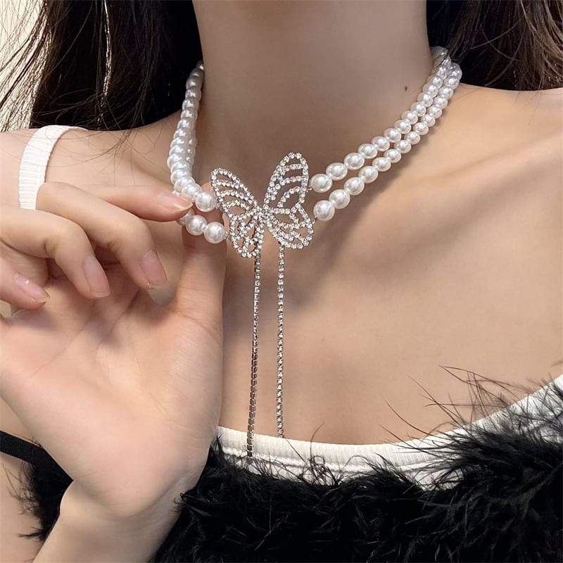 Butterfly Rhinestone Faux Pearl Alloy Choker