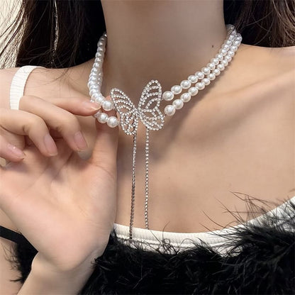 Butterfly Rhinestone Faux Pearl Alloy Choker