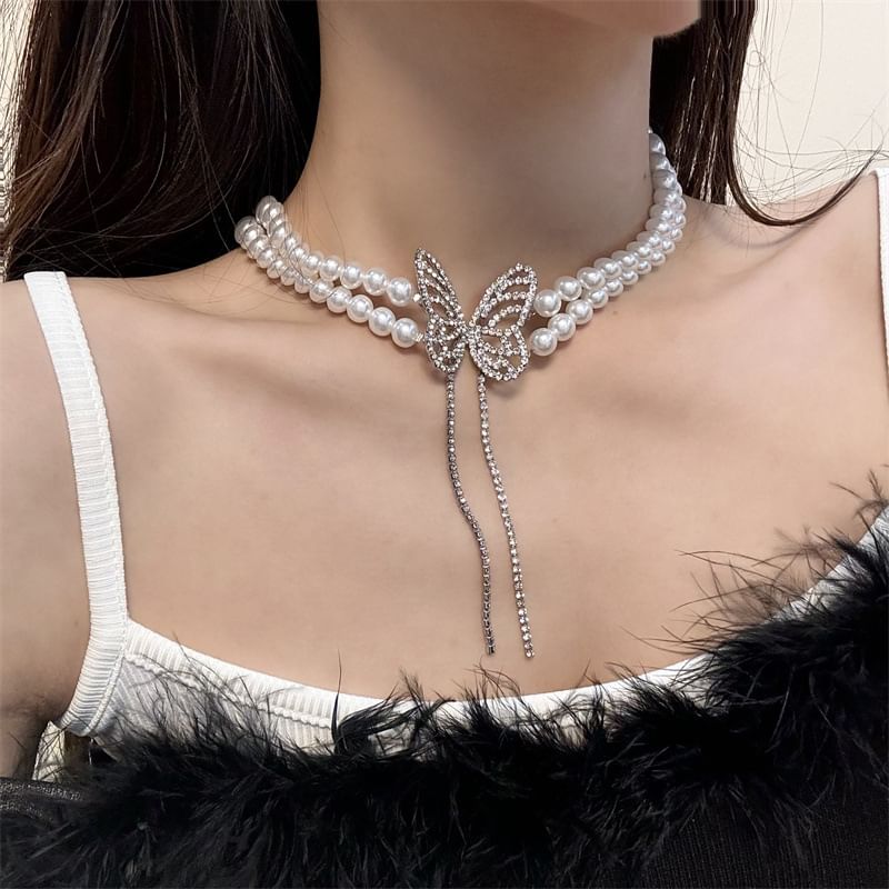 Butterfly Rhinestone Faux Pearl Alloy Choker
