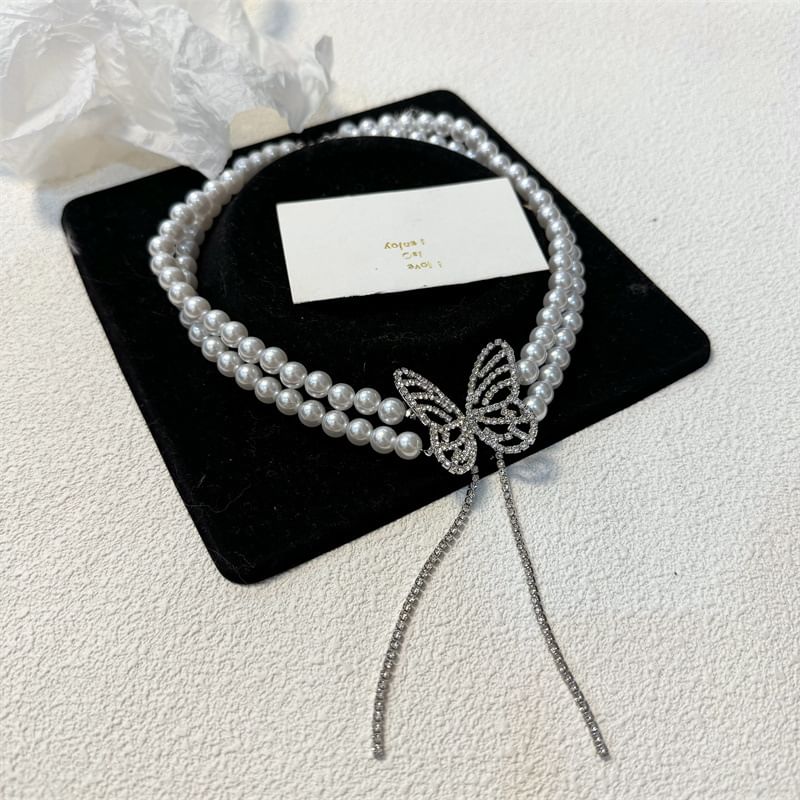 Butterfly Rhinestone Faux Pearl Alloy Choker