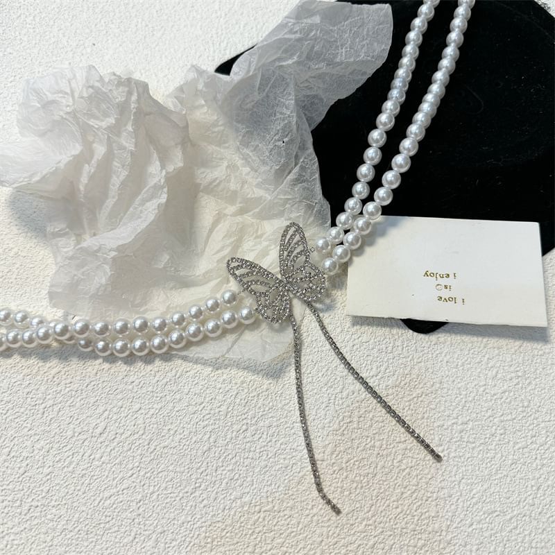 Butterfly Rhinestone Faux Pearl Alloy Choker