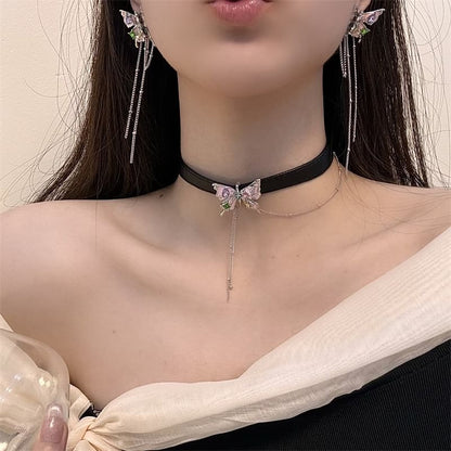 Choker Faux Leather Butterfly / Alloy Earring Threader