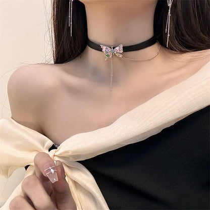 Choker Faux Leather Butterfly / Alloy Earring Threader