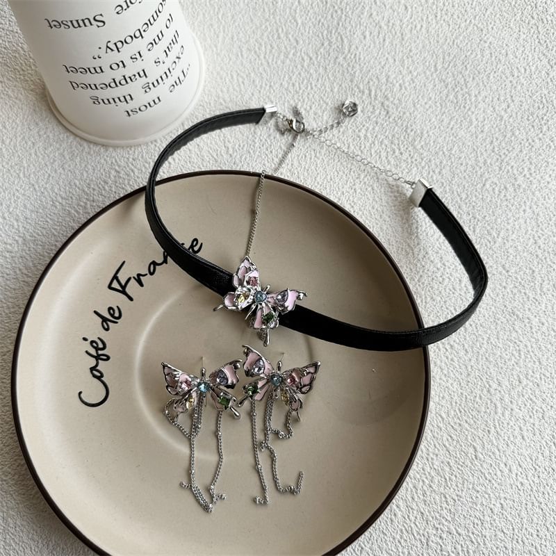 Choker Faux Leather Butterfly / Alloy Earring Threader