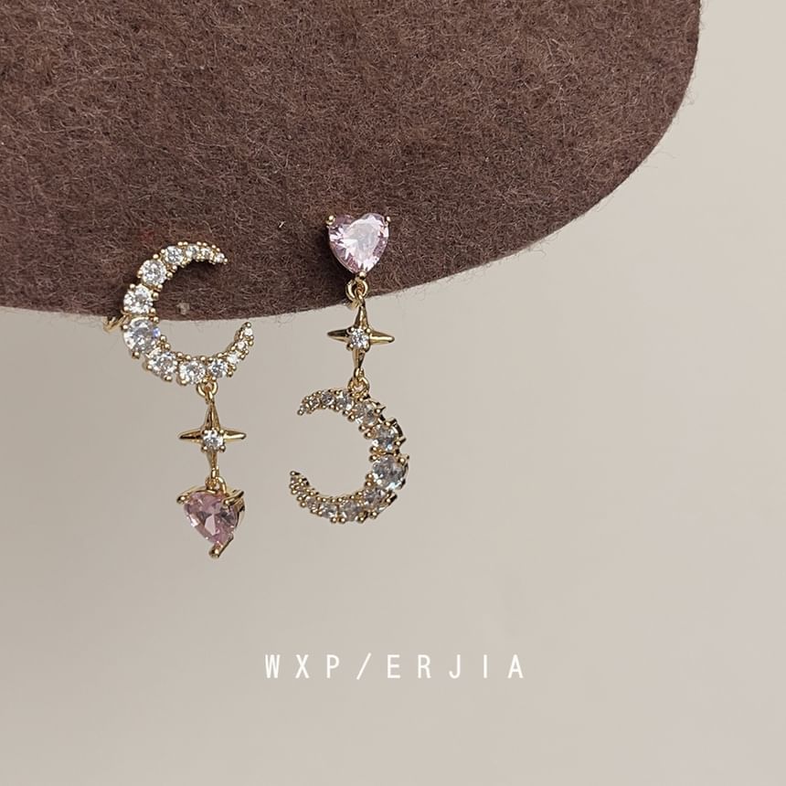 Alloy Star Earring Moon Dangle Asymmetrical Rhinestone