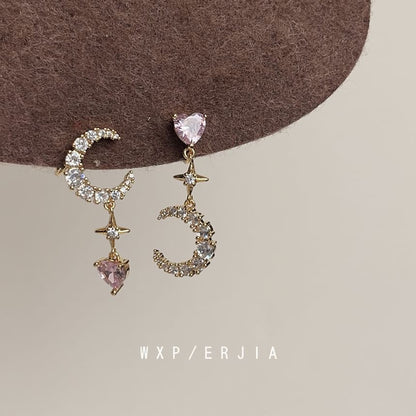 Alloy Star Earring Moon Dangle Asymmetrical Rhinestone