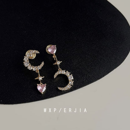 Alloy Star Earring Moon Dangle Asymmetrical Rhinestone