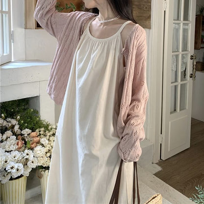 Thin Strap Scoop Neck Midi A-Line Dress / Cardigan