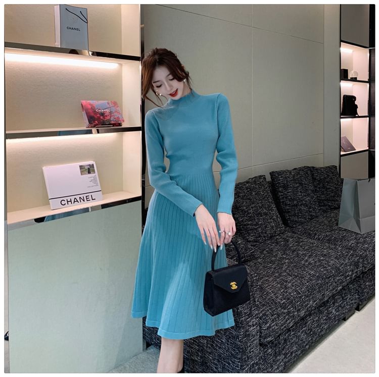 Long-Sleeve Mock Neck Plain A-Line Sweater Dress