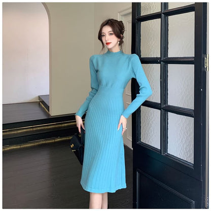 Long-Sleeve Mock Neck Plain A-Line Sweater Dress