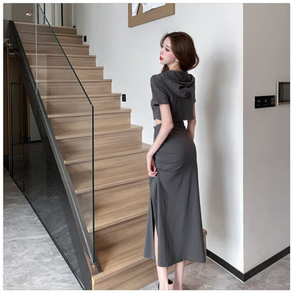 Set: Short-Sleeve Plain Hooded Cropped Tee + High Rise Side-Slit Midi Pencil Skirt