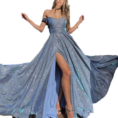 Off-Shoulder Glitter Evening Slit A-Line Gown