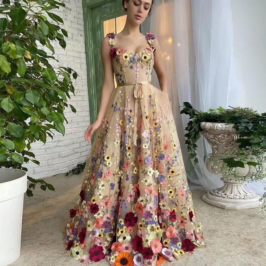 Floral A-Line Gown Wide Evening Strap