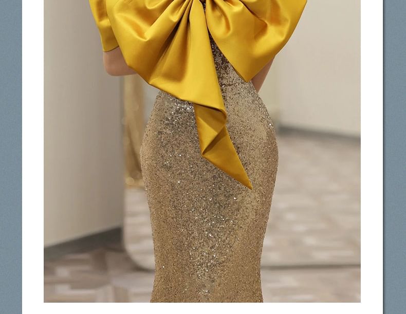 Evening Open Back Gown Mermaid Bow Off-Shoulder Sequin Accent