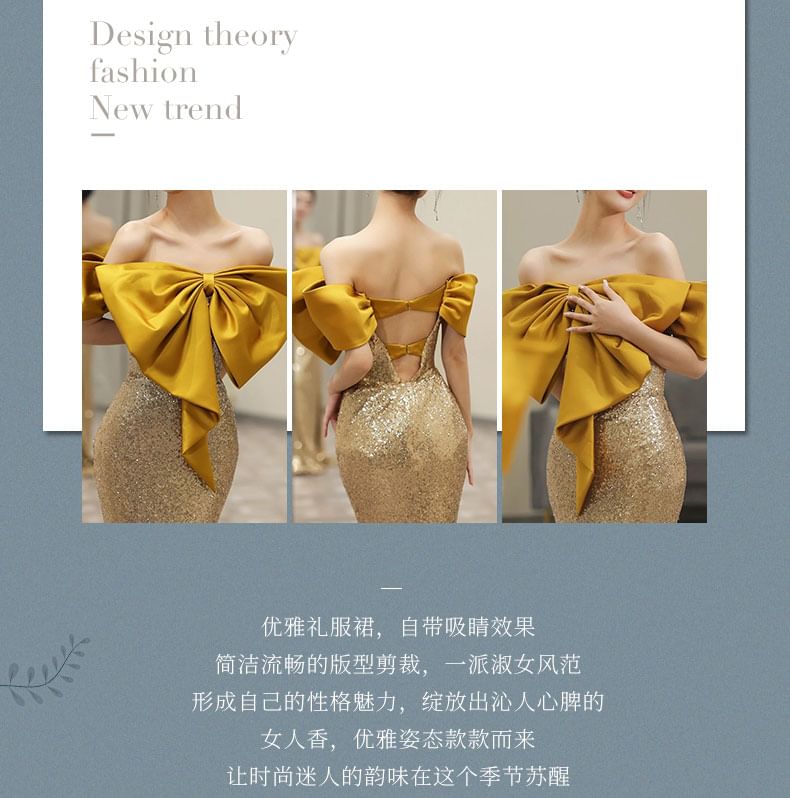 Evening Open Back Gown Mermaid Bow Off-Shoulder Sequin Accent