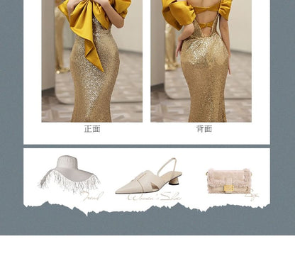 Evening Open Back Gown Mermaid Bow Off-Shoulder Sequin Accent